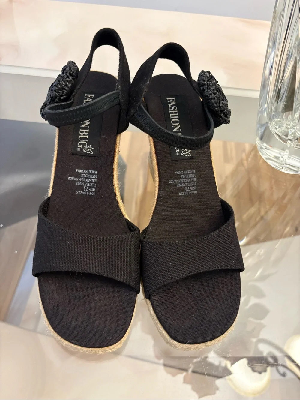Fashion Bug Women's Black Wedge Slingback Sandals Flower Accent Slip On 7.5